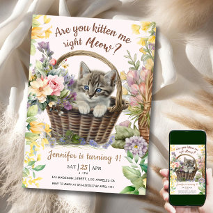 Meow! Floral Cute Kitten Girl Cat 1st Birthday Invitation