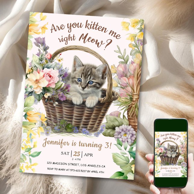 Meow! Floral Cute Kitten Girl Cat 3rd Birthday Invitation (Creator Uploaded)