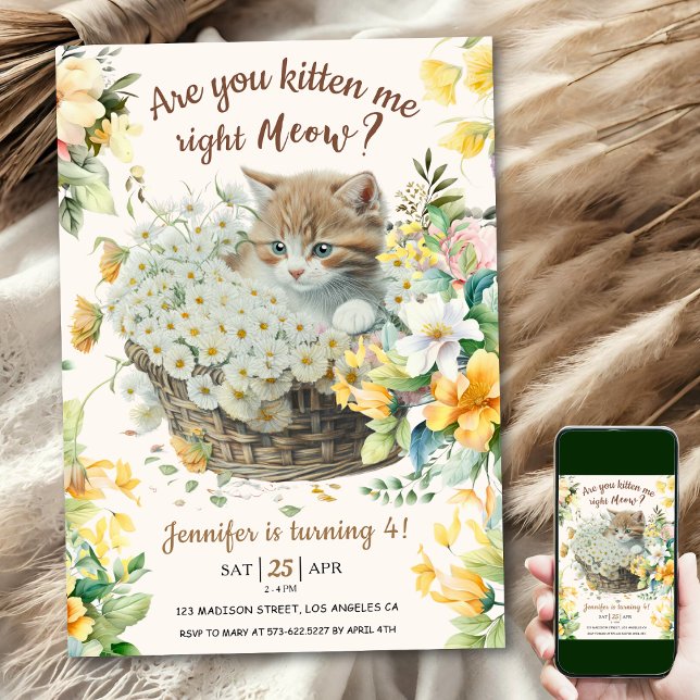 Meow! Floral Cute Kitten Girl Cat 4th Birthday Invitation (Creator Uploaded)