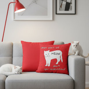 Meow Funny Red and White Cat Throw Pillow 