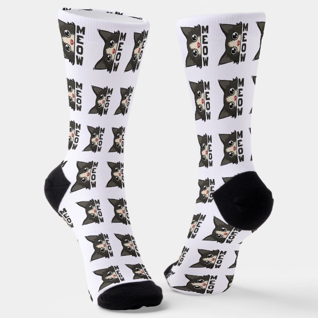 Meow Funny Tuxedo Cat is watching Pun  Socks (Angled)