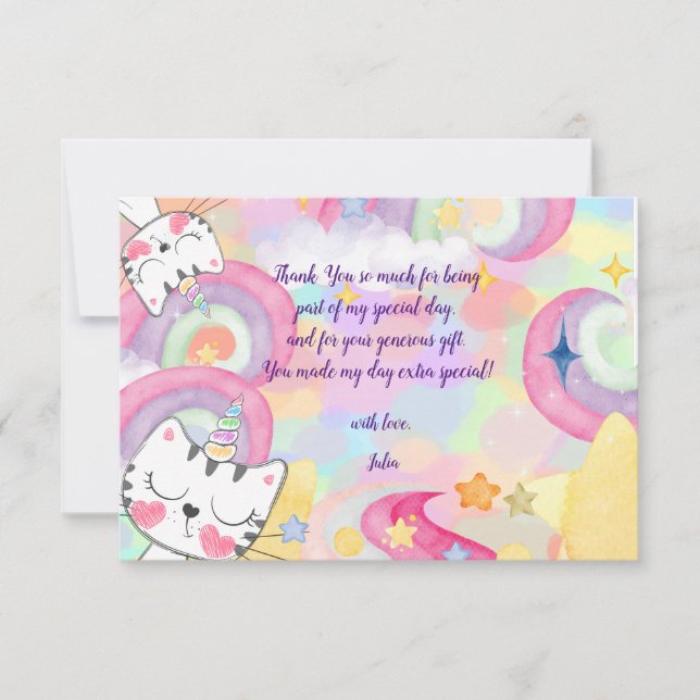 Meow-gical caticorn rainbow kids birthday  thank you card (Front)