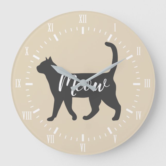 Meow Grey Cat Silhouette & Taupe Large Clock (Front)