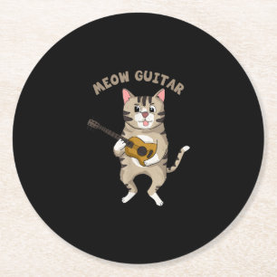 Meow Guitar Cute Cat Playing Guitar Funny Kitties Round Paper Coaster