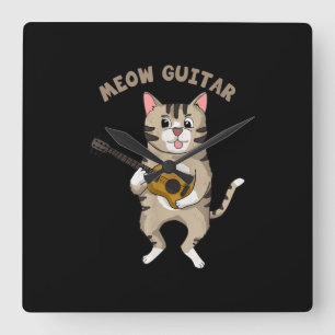 Meow Guitar Cute Cat Playing Guitar Funny Kitties Square Wall Clock