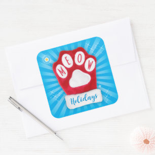 MEOW Holidays Cute Red Paw Christmas Cat Mitten Square Sticker
