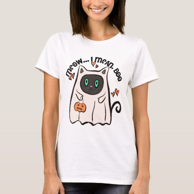 Meow...I Mean, Boo! Black Cat Ghost Halloween Mug T-Shirt (Front)