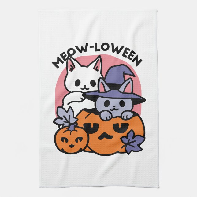 Meow-Loween - Cute Halloween Cat Design Tea Towel (Vertical)