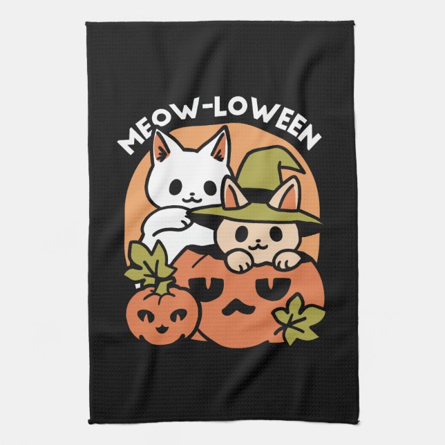 Meow-Loween - Festive Halloween Cat Design Tea Towel (Vertical)