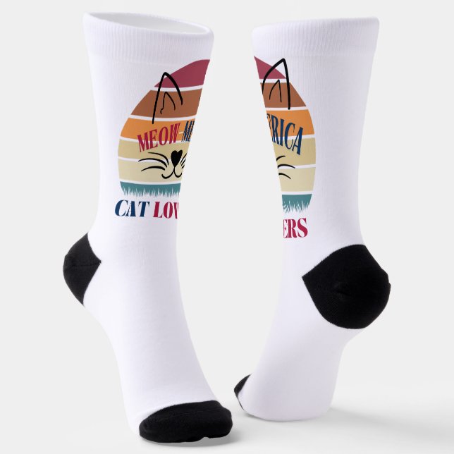 Meow-Merica Cat Lovers Patriotic Socks – Retro USA (Angled)