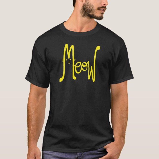 Meow Minimal Yellow Modern Script Cat Dad Typo  T-Shirt (Front)