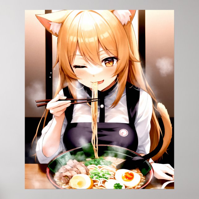 Meow-nificent Ramen Feast Anime Cat Girl Poster (Front)