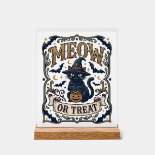 Meow Or Treat Cat Halloween Spooky Cat Vintage Vec Acrylic Sign