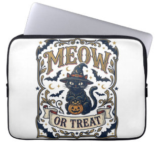 Meow Or Treat Cat Halloween Spooky Cat Vintage Vec Laptop Sleeve