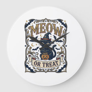Meow Or Treat Cat Halloween Spooky Cat Vintage Vec Large Clock