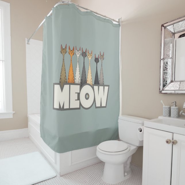 Meow Peeking Cats Funny Sage Green Cat Lover Print Shower Curtain (In Situ)