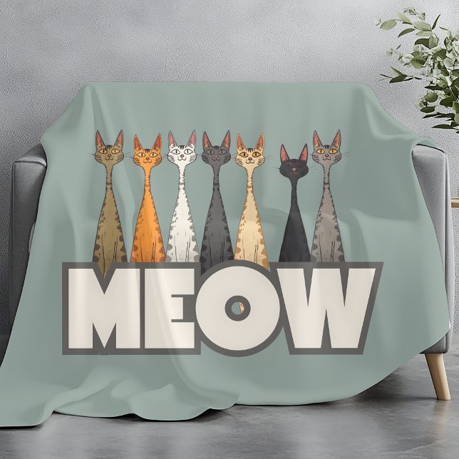 Meow Peeking Cats Sage Green Funny Cat Graphic Art Fleece Blanket (Creator Uploaded)