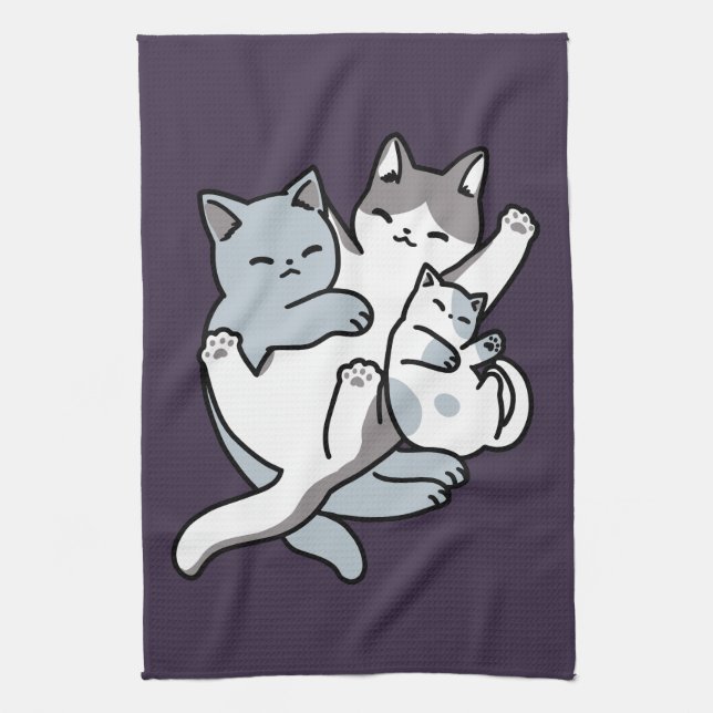 Meow Pounce Snuggle – Cute Sleeping Cats Tea Towel (Vertical)