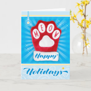 MEOW Red Paw Cat Christmas Mitten Happy Holidays Card