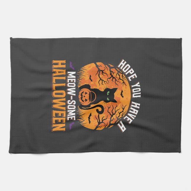 Meow-Some Halloween Black Cat Tea Towel (Horizontal)