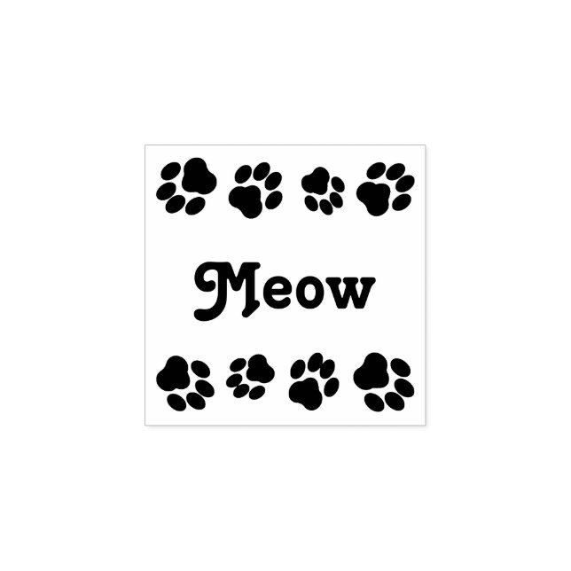 "Meow" Square Rubber Stamp with Paw Prints (Imprint)
