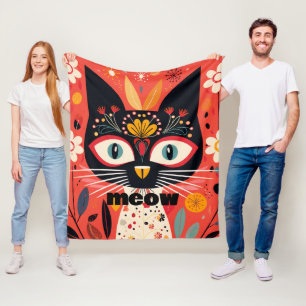 Meow-tastic Boho Retro Mid Century Floral Cat Fleece Blanket