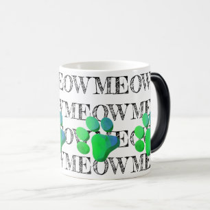 MEOW Typography Green Blue Cat Paw Print Pet Fun  Magic Mug