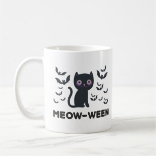 Meow-ween Delight Black Cat and Bats Halloween  Coffee Mug