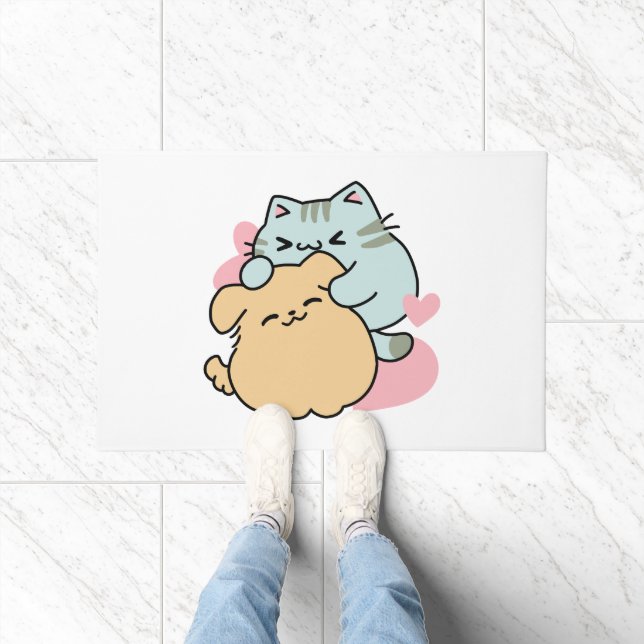 Meow & Woof Perfect Together - Cute Cat and Dog Doormat (Indoor)
