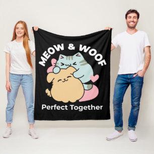 Meow & Woof Perfect Together - Cute Cat and Dog Fleece Blanket