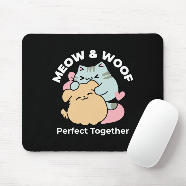 Meow & Woof Perfect Together - Cute Cat and Dog Mouse Mat (With Mouse)