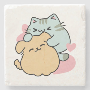 Meow & Woof Perfect Together - Cute Cat and Dog Stone Coaster