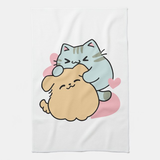 Meow & Woof Perfect Together - Cute Cat and Dog Tea Towel (Vertical)