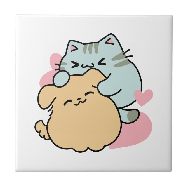 Meow & Woof Perfect Together - Cute Cat and Dog Tile (Front)