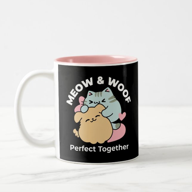 Meow & Woof Perfect Together - Cute Cat and Dog Two-Tone Coffee Mug (Left)