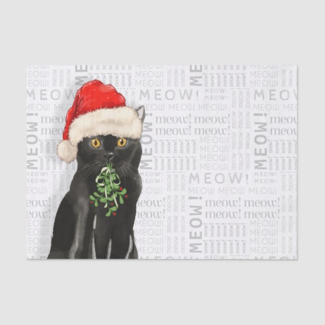 Meow Word Art and a Black Bombay Santa Cat Tissue Paper (Front)