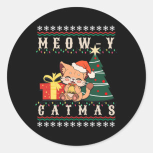 Meow-y Catmas Cat Christmas Tree Xmas Girls Boys F Classic Round Sticker
