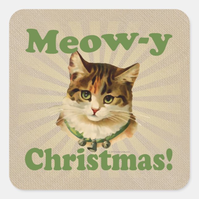 Meow-y Christmas, Cute Holiday Cat Animal Square Sticker (Front)