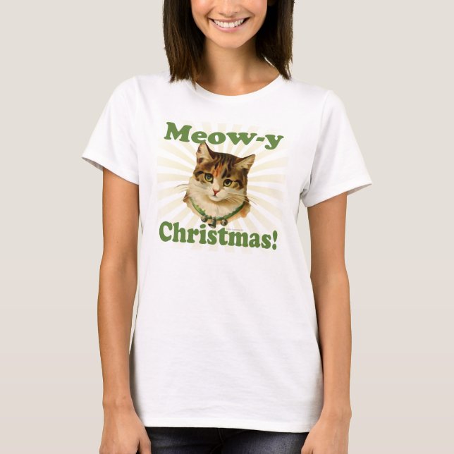 Meow-y Christmas, Cute Holiday Cat Animal T-Shirt (Front)