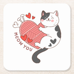 Meow You Cute Cat Valentine's Day Square Paper Coaster