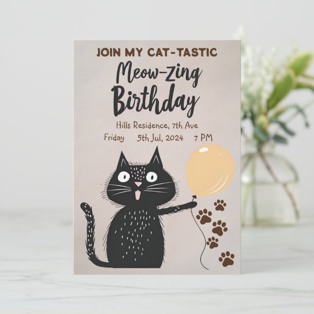 Meow-zing Birthday! Black Cat Join My Cat-Tastic  Invitation (Standing Front)