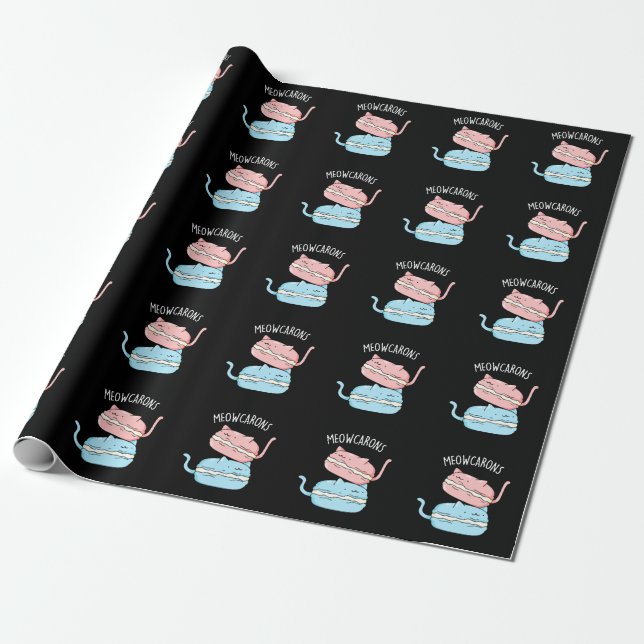 Meowcarons Funny Macaron Pun Dark BG Wrapping Paper (Unrolled)