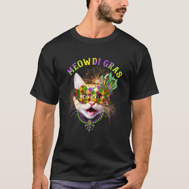Meowdi Gras Kitten Cat Mask Beads Mardi Gras Funny T-Shirt (Front)