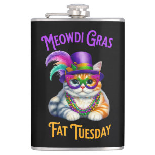 Meowdi Gras Mardi Gras with Kitten Fat Tuesday Hip Flask