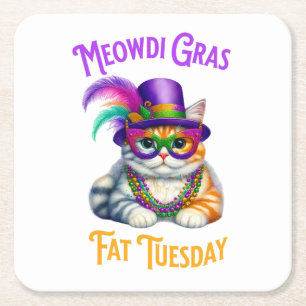 Meowdi Gras Mardi Gras with Kitten Fat Tuesday Square Paper Coaster
