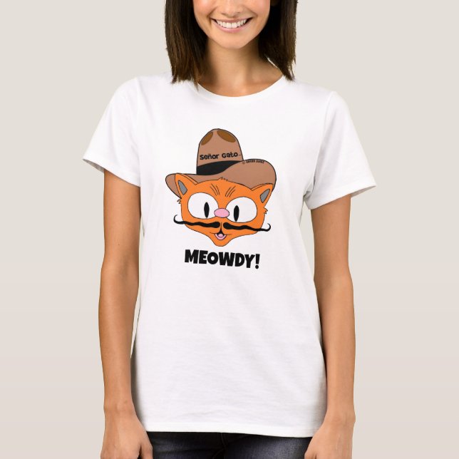 MEOWDY! Cartoon Moustache Cowboy Cat T-Shirt (Front)
