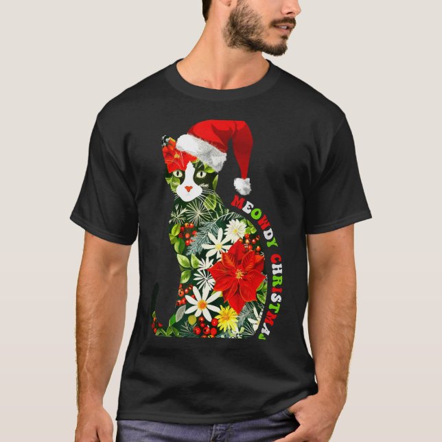 Meowdy Christmas Floral Cat For Cat Lover Holiday  T-Shirt (Front)