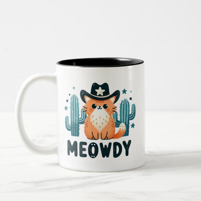 Meowdy cowboy Hat Cactus cat  Two-Tone Coffee Mug (Left)