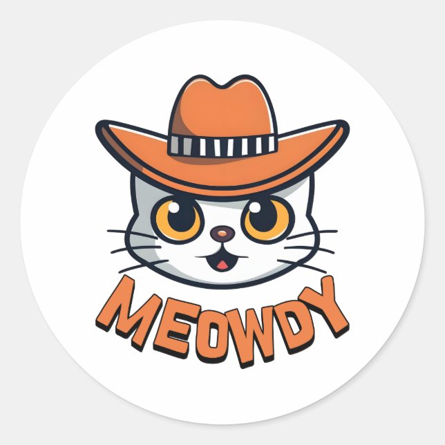 Meowdy! Cute Cowboy Cat Cartoon Classic Round Sticker (Front)
