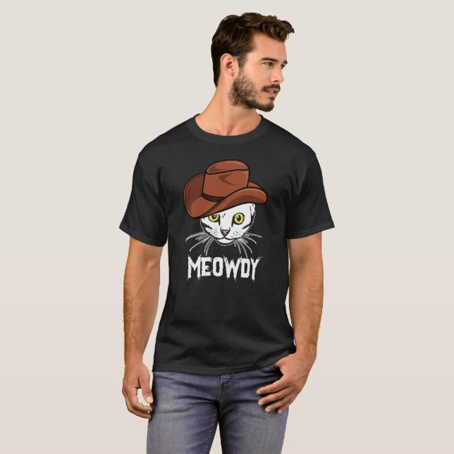 Meowdy Funny Mashup Between Meow And Howdy Cat Mem T-Shirt (Front Full)